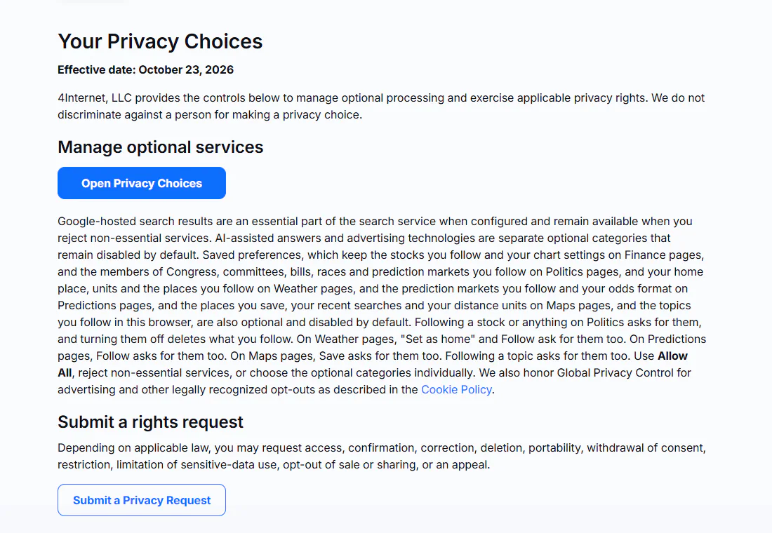 The Your Privacy Choices page with its Open Privacy Choices button and the Submit a Privacy Request button
